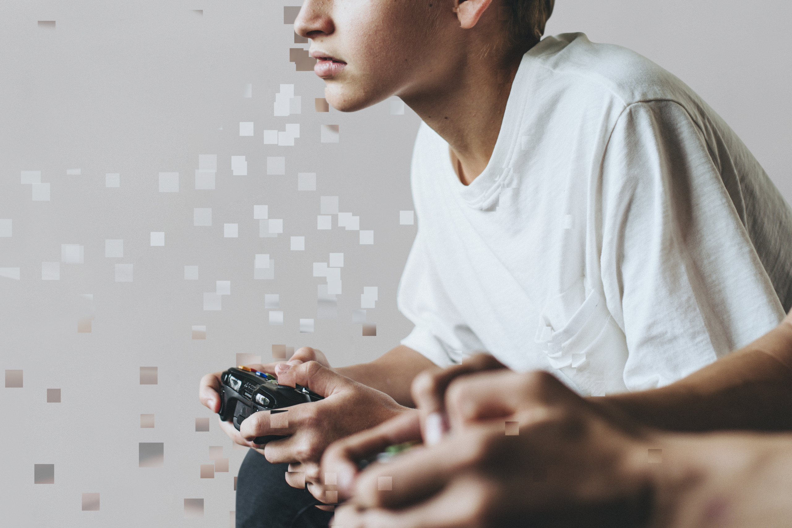 Young gamer in pixel dispersion style