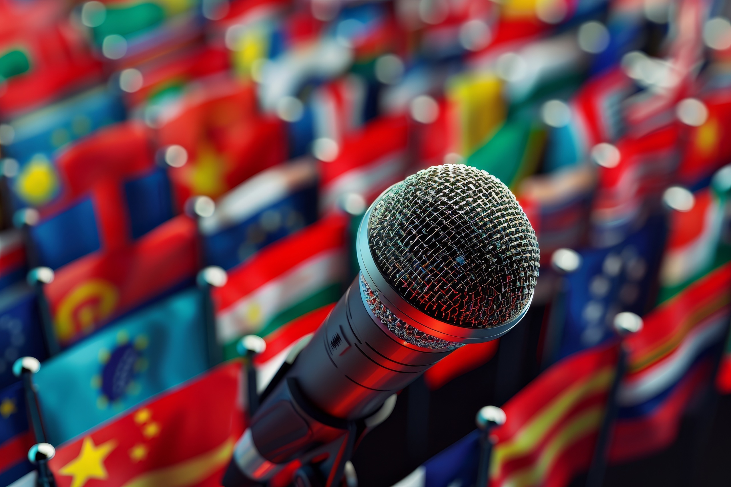 Microphone and World Flags in the concept of international music