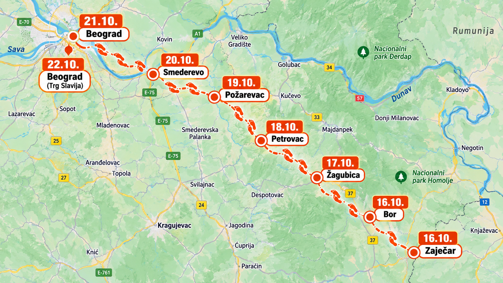 Serbia Route Map_ Zaječar to Belgrade